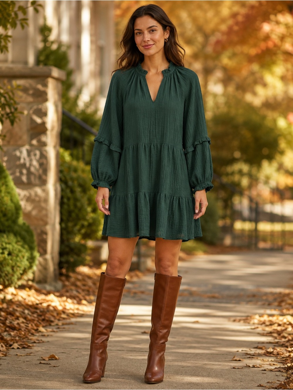 Mare Mare x Anthropologie Anne Tiered Tunic Dress Sz S Forest Green Boho Cowgirl